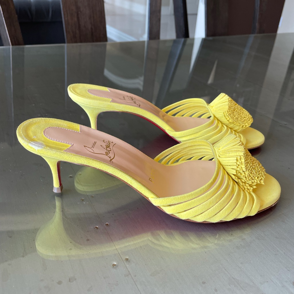 Christian Louboutin Belbrossa Sandal Yellow Suede Kitten Heel Sz 38.5